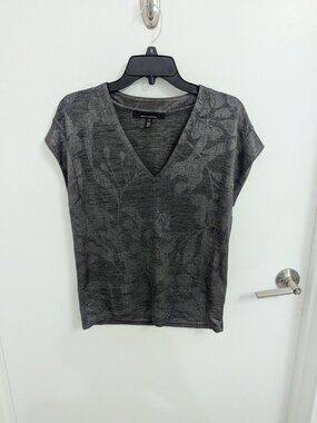 WHBM Floral Shimmer V-Neck Cap Sleeve Semi-Sheer Top Gray XS